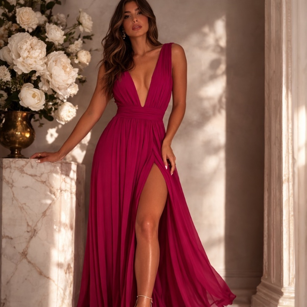 Lulus Heavenly Hues Magenta Woven Coquette Evening Gown Maxi Dress Size XS